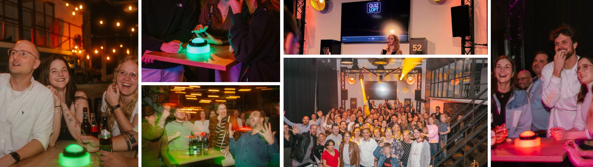 Collage mit Personen an Stehtischen und leuchtenden Buzzern