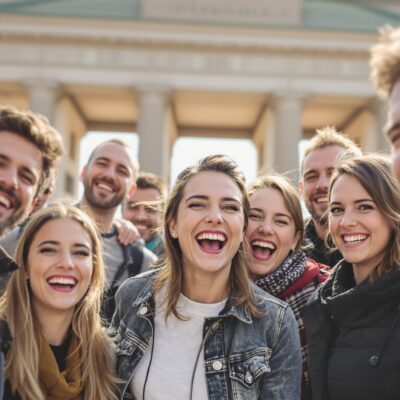 Gruppe an Menschen lacht in die Kamera vor Brandenburger Tor