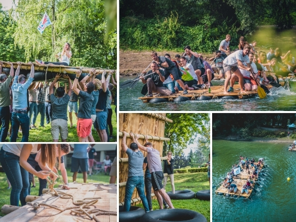 Collage mit Eindrücken aus Floßbau Events